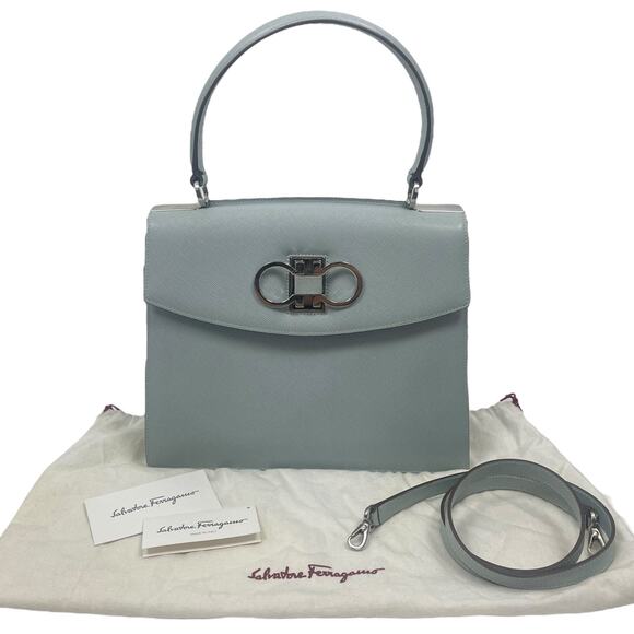 Salvatore Ferragamo Double Gancini Saffiano Top Handle Bag Light Blue - Picture 1 of 14